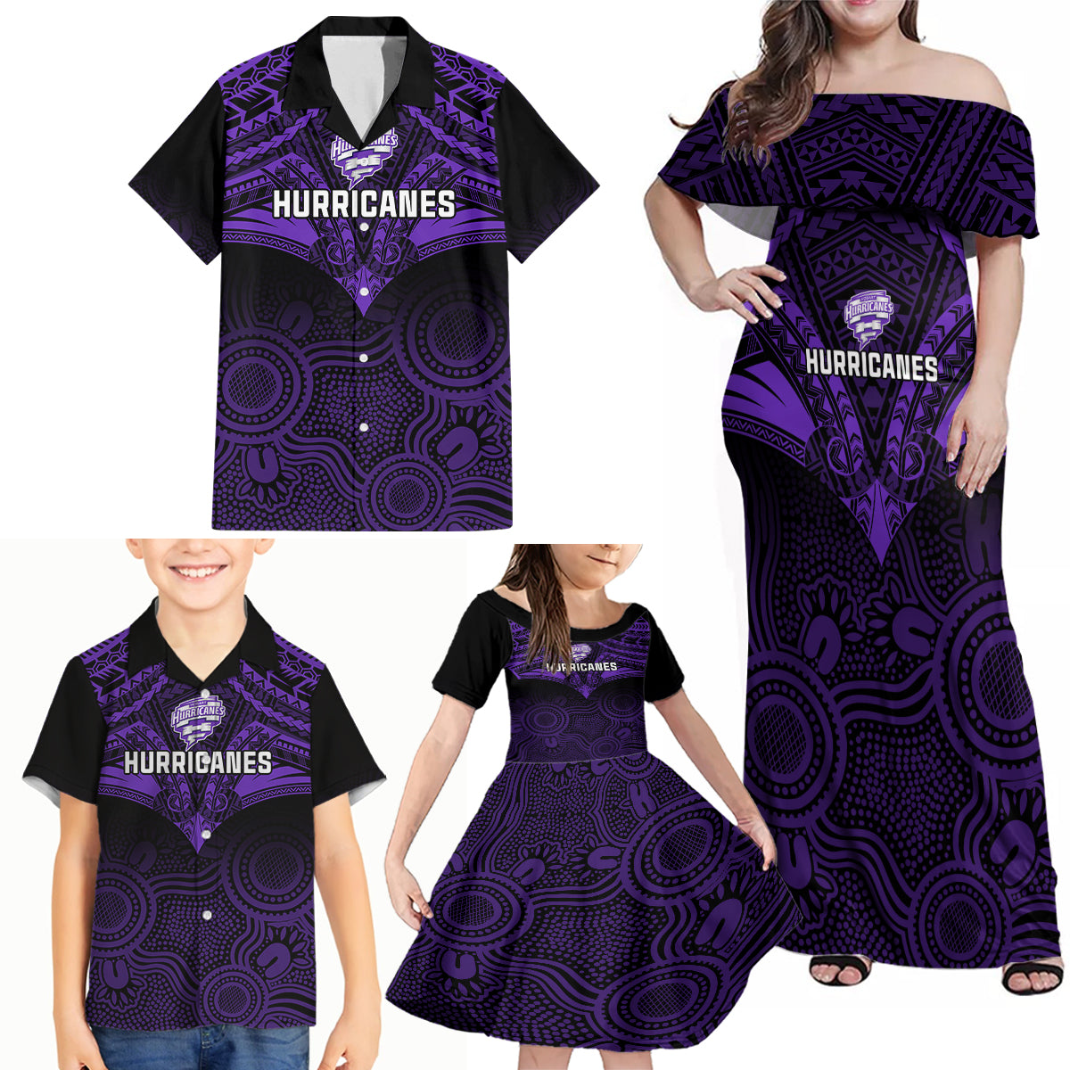 custom-hobart-hurricanes-cricket-family-matching-off-shoulder-maxi-dress-and-hawaiian-shirt-2023-unique-indigenous-art-mix-polynesian-pattern