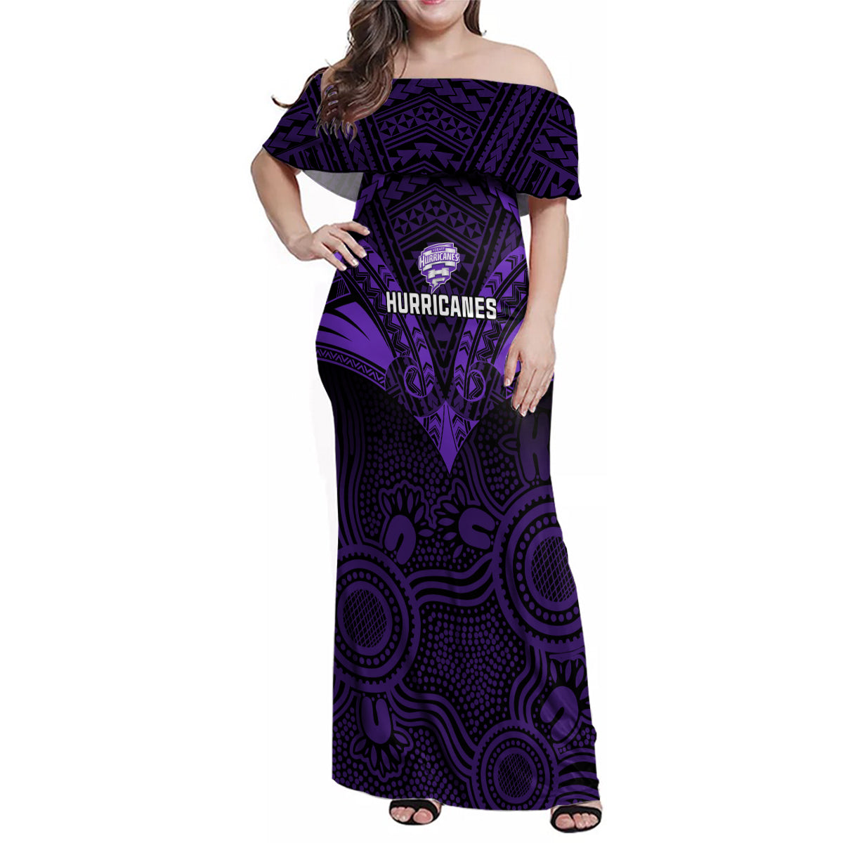 custom-hobart-hurricanes-cricket-family-matching-off-shoulder-maxi-dress-and-hawaiian-shirt-2023-unique-indigenous-art-mix-polynesian-pattern