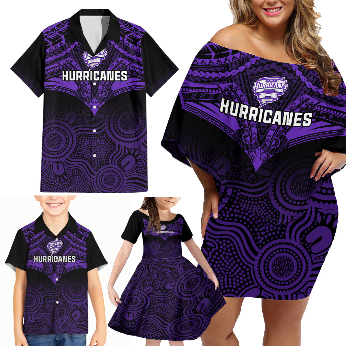 Custom Hobart Hurricanes Cricket Family Matching Off Shoulder Short Dress and Hawaiian Shirt 2023 Unique Indigenous Art Mix Polynesian Pattern LT14