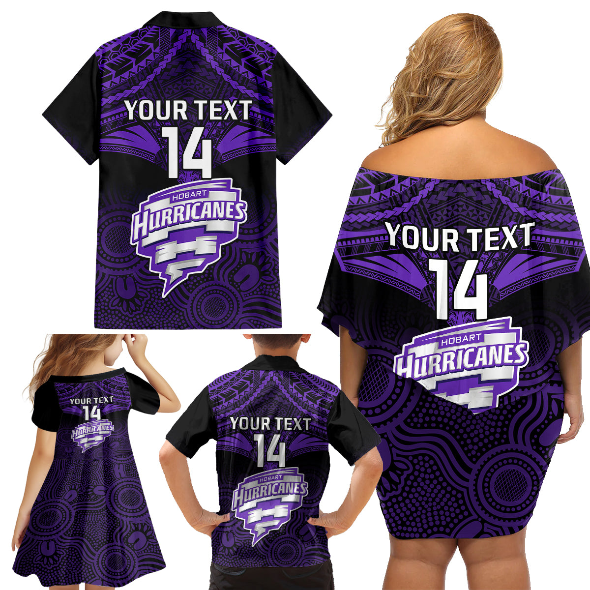 Custom Hobart Hurricanes Cricket Family Matching Off Shoulder Short Dress and Hawaiian Shirt 2023 Unique Indigenous Art Mix Polynesian Pattern LT14