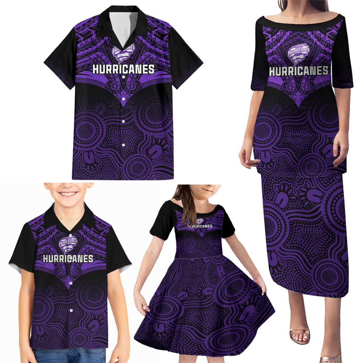 custom-hobart-hurricanes-cricket-family-matching-puletasi-dress-and-hawaiian-shirt-2023-unique-indigenous-art-mix-polynesian-pattern