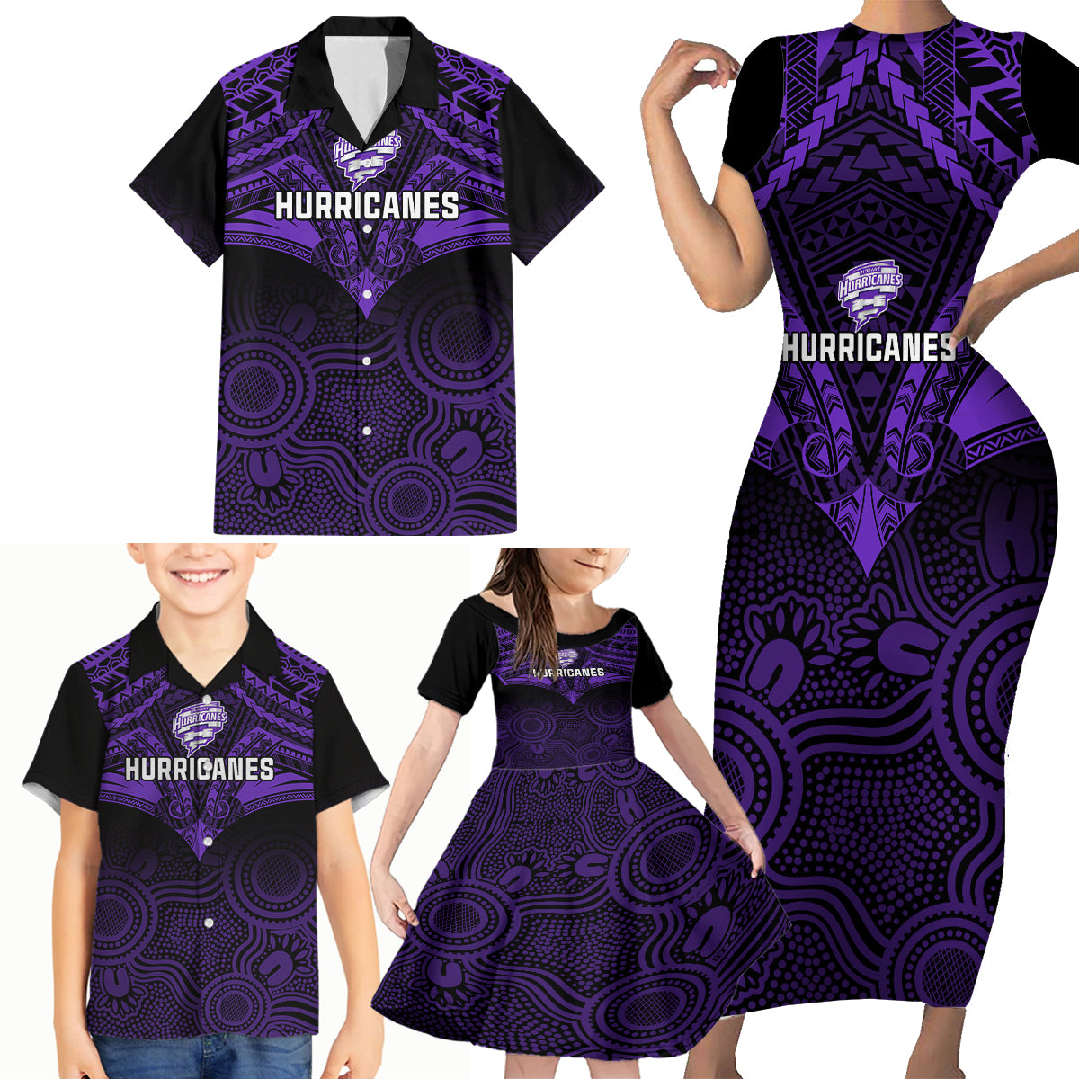 custom-hobart-hurricanes-cricket-family-matching-short-sleeve-bodycon-dress-and-hawaiian-shirt-2023-unique-indigenous-art-mix-polynesian-pattern