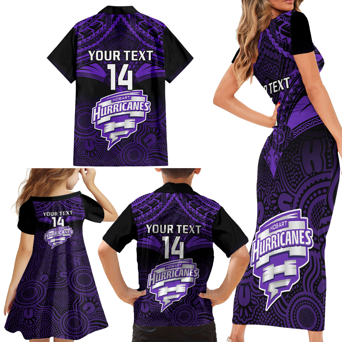 custom-hobart-hurricanes-cricket-family-matching-short-sleeve-bodycon-dress-and-hawaiian-shirt-2023-unique-indigenous-art-mix-polynesian-pattern