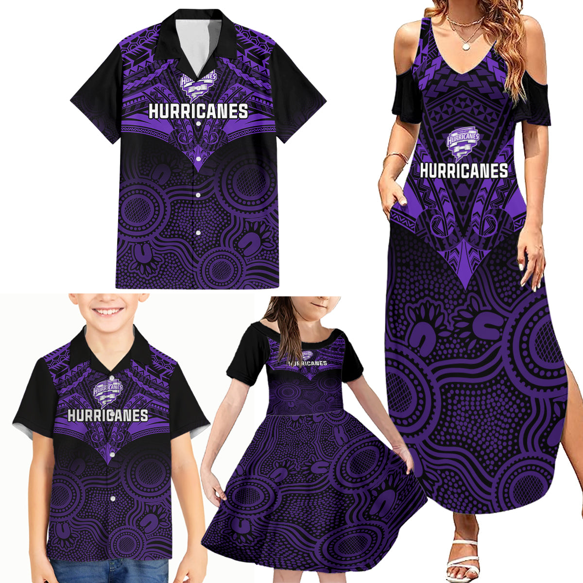 custom-hobart-hurricanes-cricket-family-matching-summer-maxi-dress-and-hawaiian-shirt-2023-unique-indigenous-art-mix-polynesian-pattern