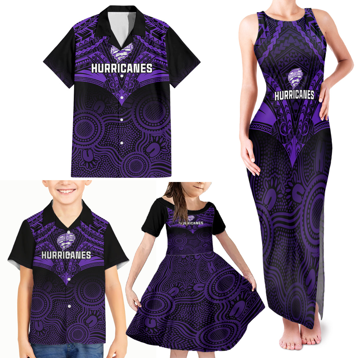 custom-hobart-hurricanes-cricket-family-matching-tank-maxi-dress-and-hawaiian-shirt-2023-unique-indigenous-art-mix-polynesian-pattern