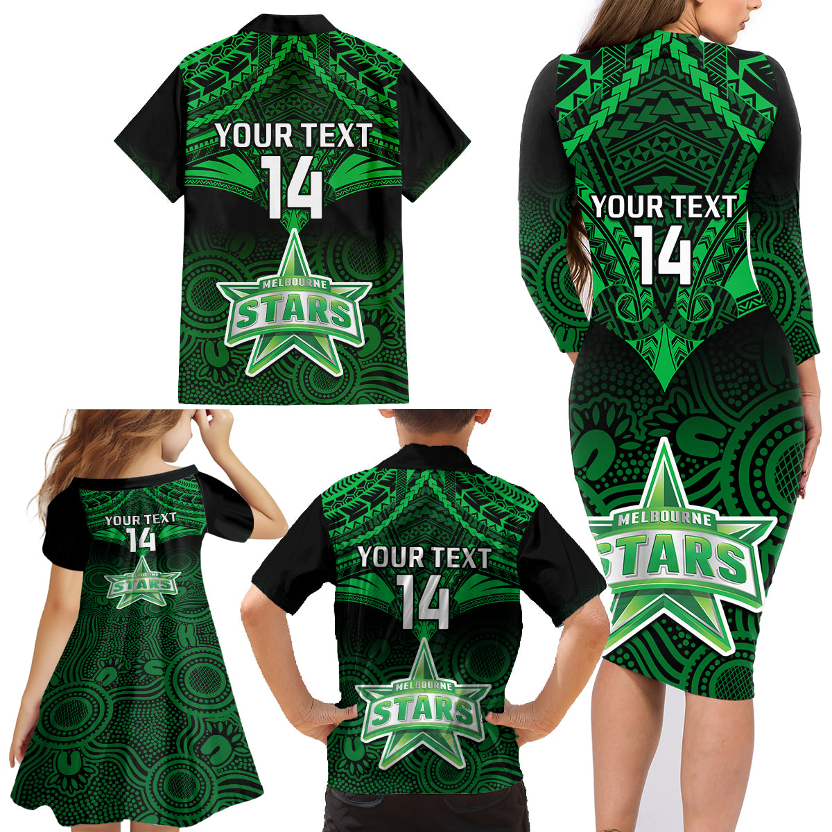 custom-melbourne-stars-cricket-family-matching-long-sleeve-bodycon-dress-and-hawaiian-shirt-2023-unique-indigenous-art-mix-polynesian-pattern