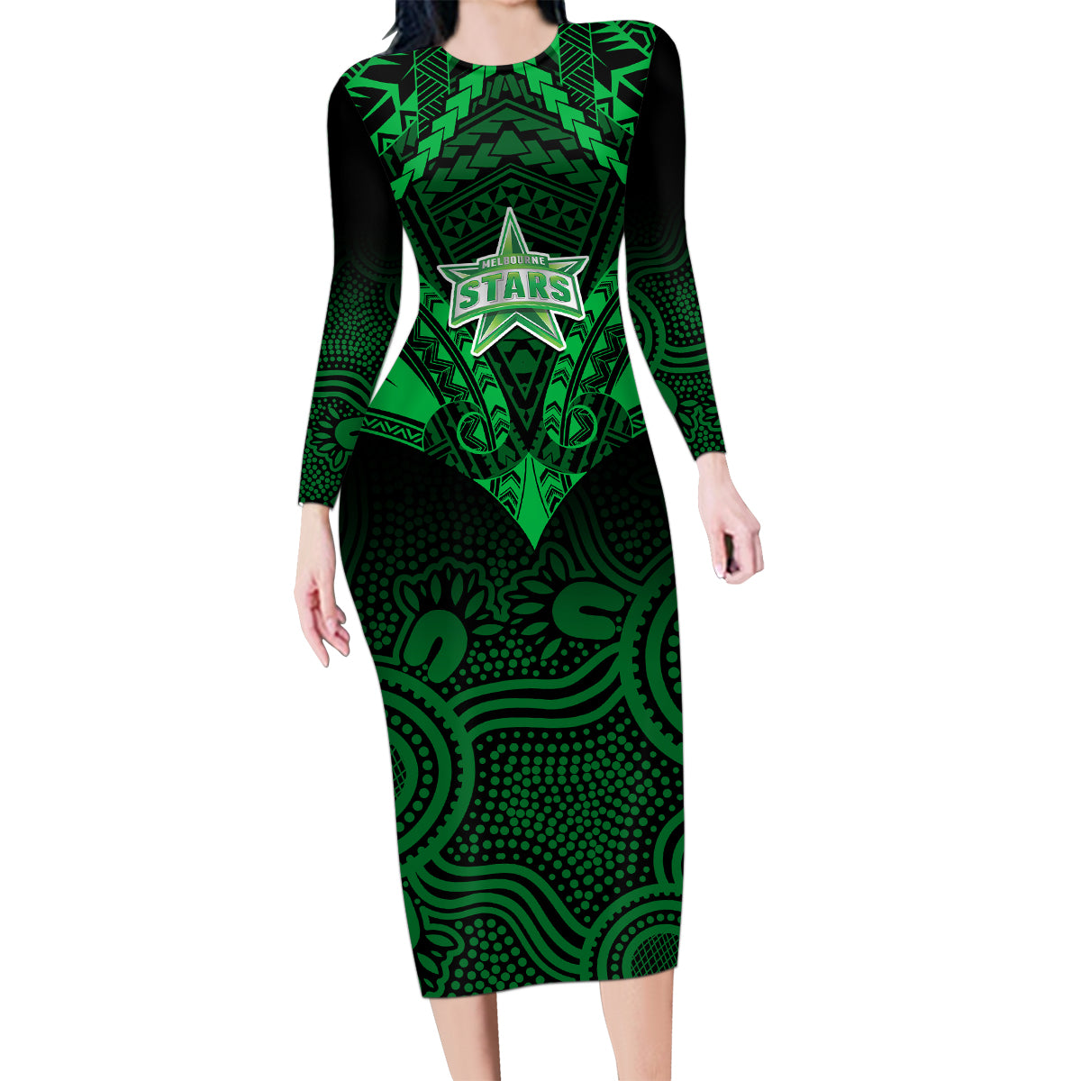 custom-melbourne-stars-cricket-family-matching-long-sleeve-bodycon-dress-and-hawaiian-shirt-2023-unique-indigenous-art-mix-polynesian-pattern