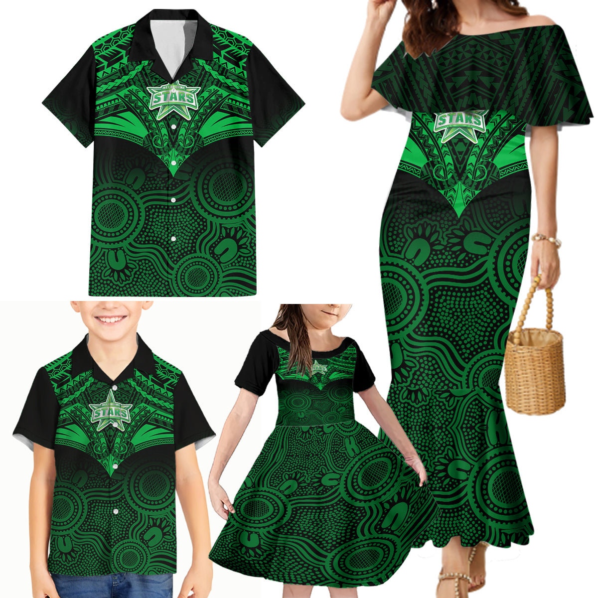 custom-melbourne-stars-cricket-family-matching-mermaid-dress-and-hawaiian-shirt-2023-unique-indigenous-art-mix-polynesian-pattern