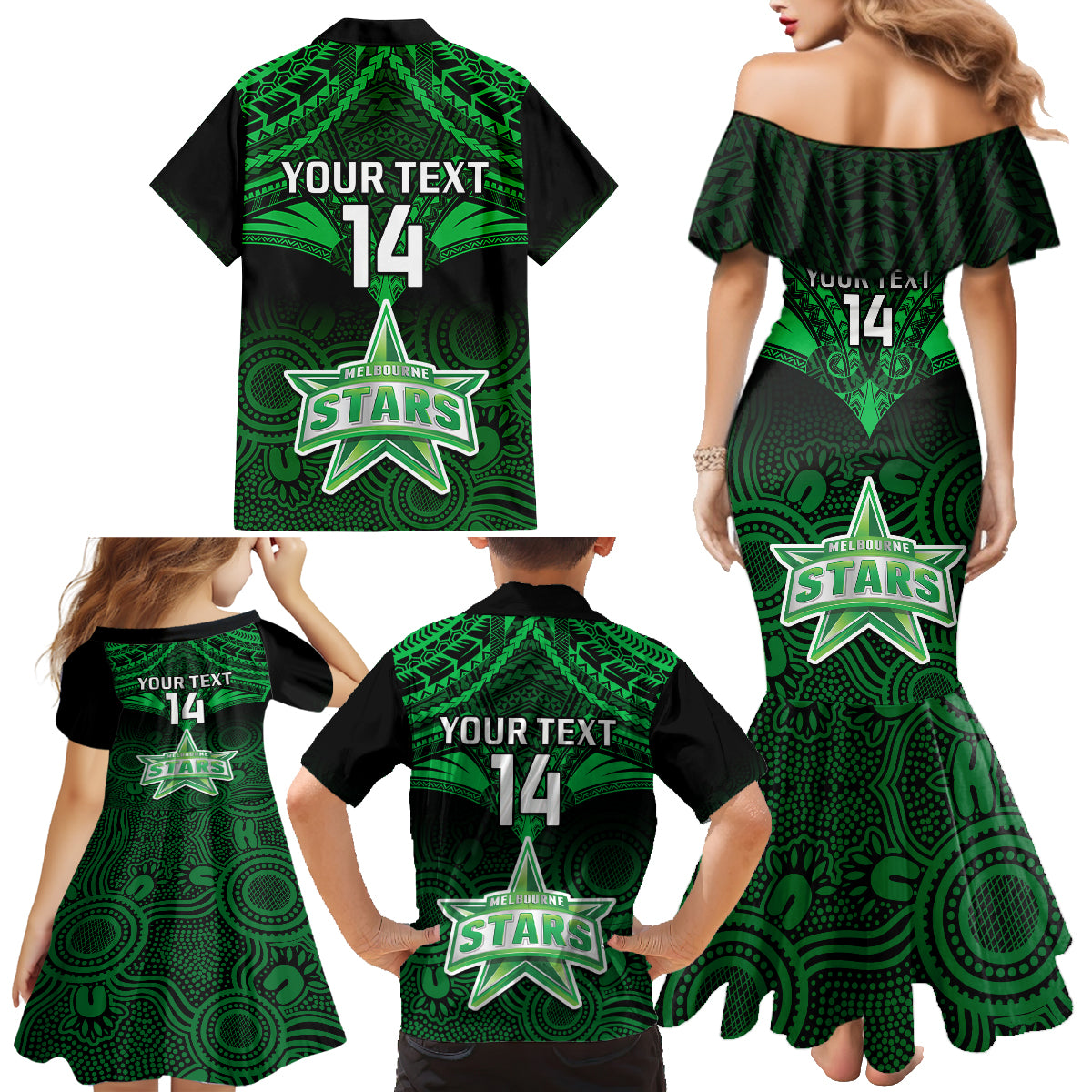 custom-melbourne-stars-cricket-family-matching-mermaid-dress-and-hawaiian-shirt-2023-unique-indigenous-art-mix-polynesian-pattern