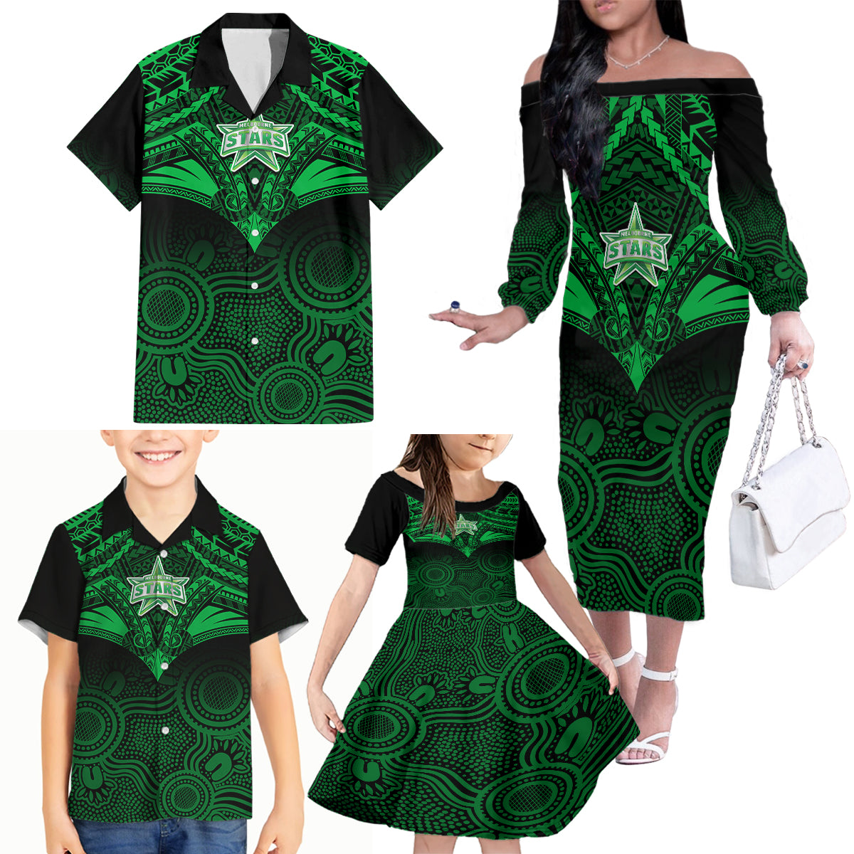 custom-melbourne-stars-cricket-family-matching-off-shoulder-long-sleeve-dress-and-hawaiian-shirt-2023-unique-indigenous-art-mix-polynesian-pattern