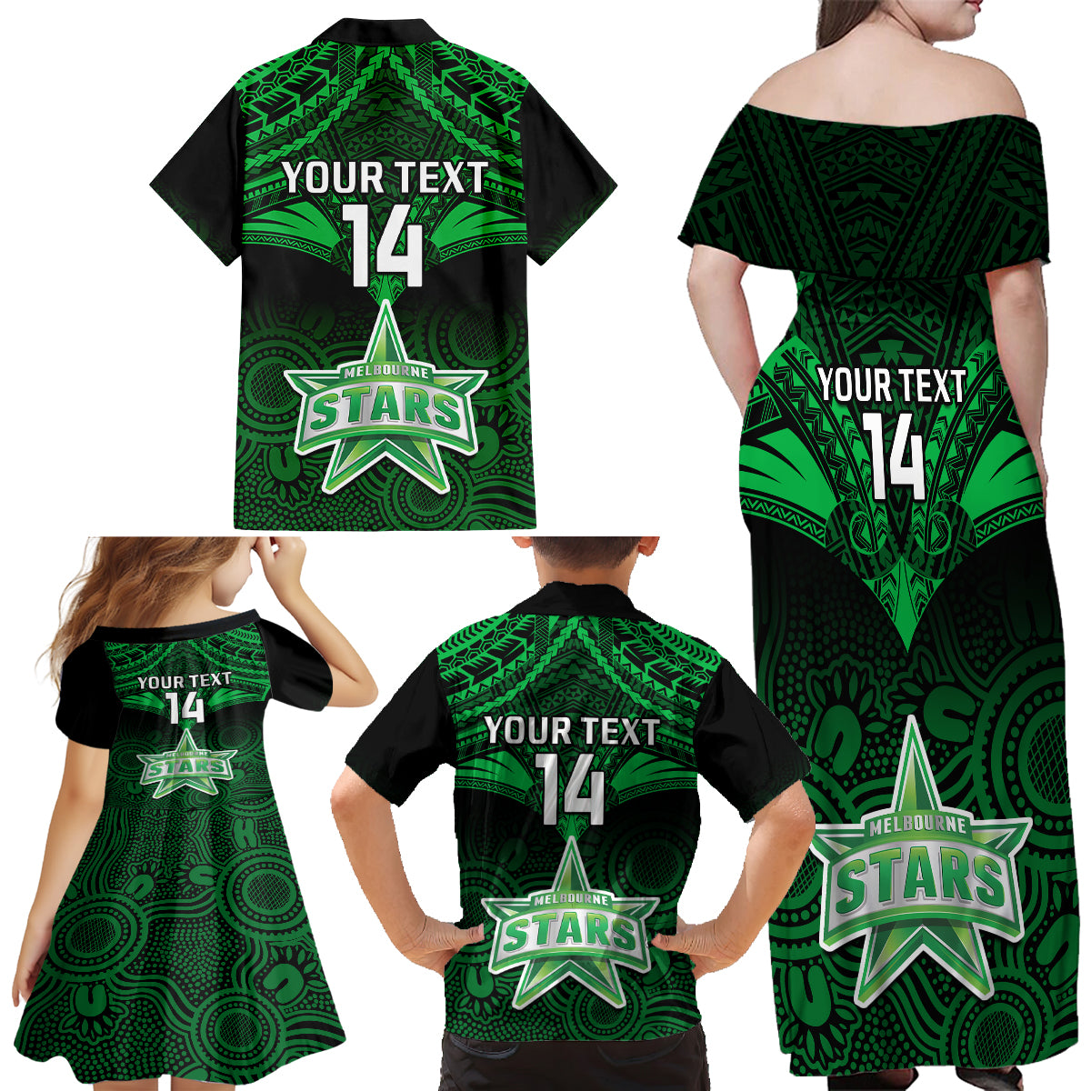 custom-melbourne-stars-cricket-family-matching-off-shoulder-long-sleeve-dress-and-hawaiian-shirt-2023-unique-indigenous-art-mix-polynesian-pattern