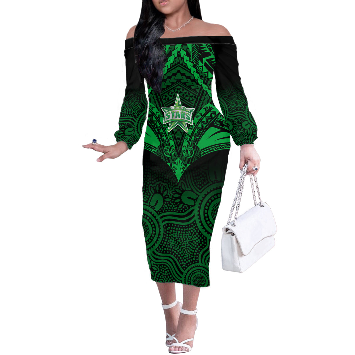 custom-melbourne-stars-cricket-family-matching-off-shoulder-long-sleeve-dress-and-hawaiian-shirt-2023-unique-indigenous-art-mix-polynesian-pattern