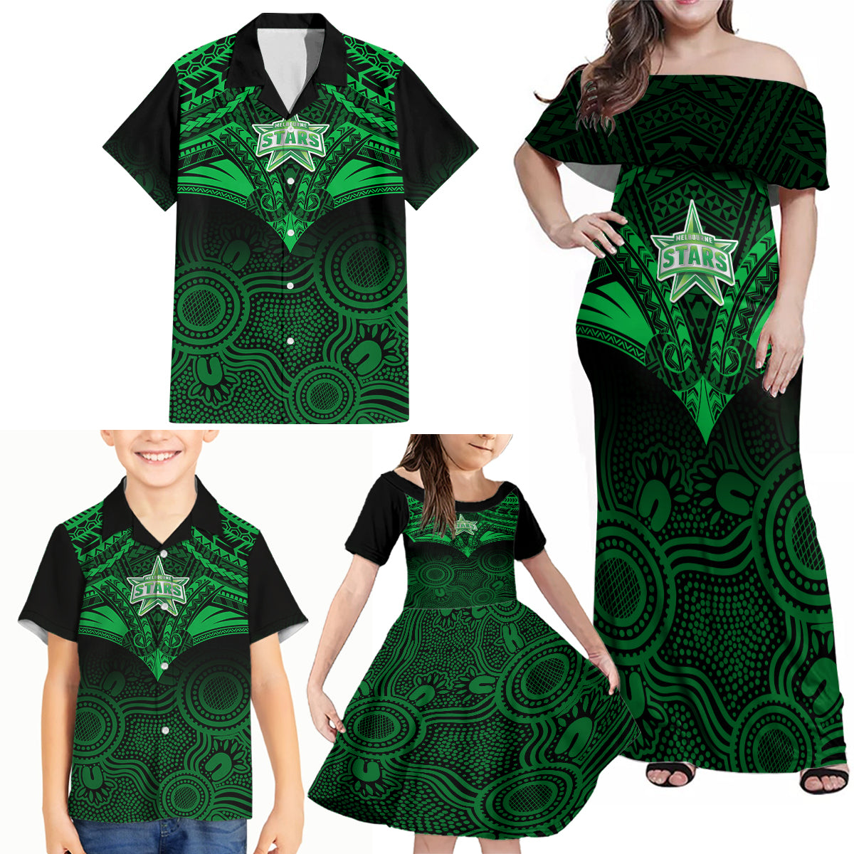 custom-melbourne-stars-cricket-family-matching-off-shoulder-maxi-dress-and-hawaiian-shirt-2023-unique-indigenous-art-mix-polynesian-pattern