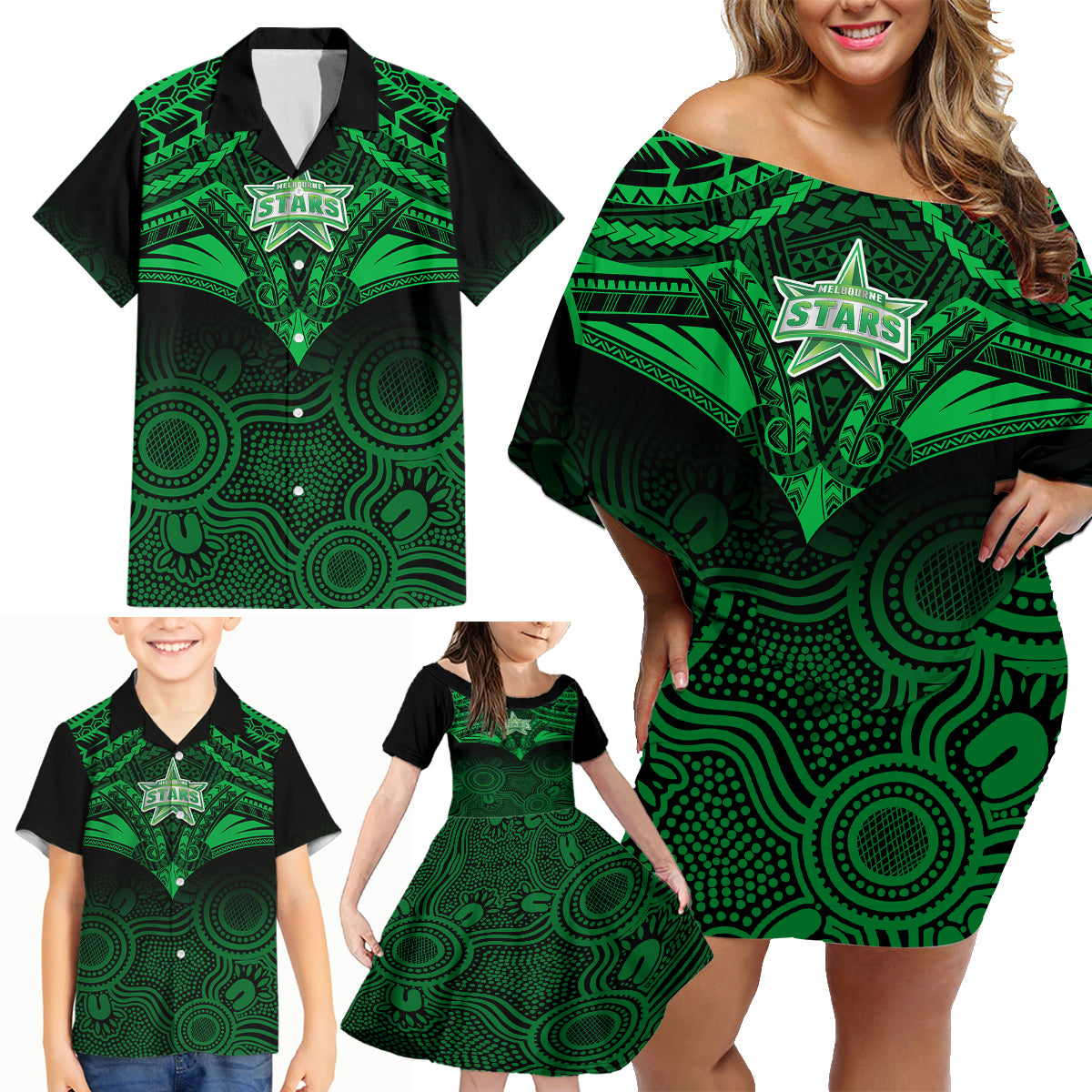 Custom Melbourne Stars Cricket Family Matching Off Shoulder Short Dress and Hawaiian Shirt 2023 Unique Indigenous Art Mix Polynesian Pattern LT14