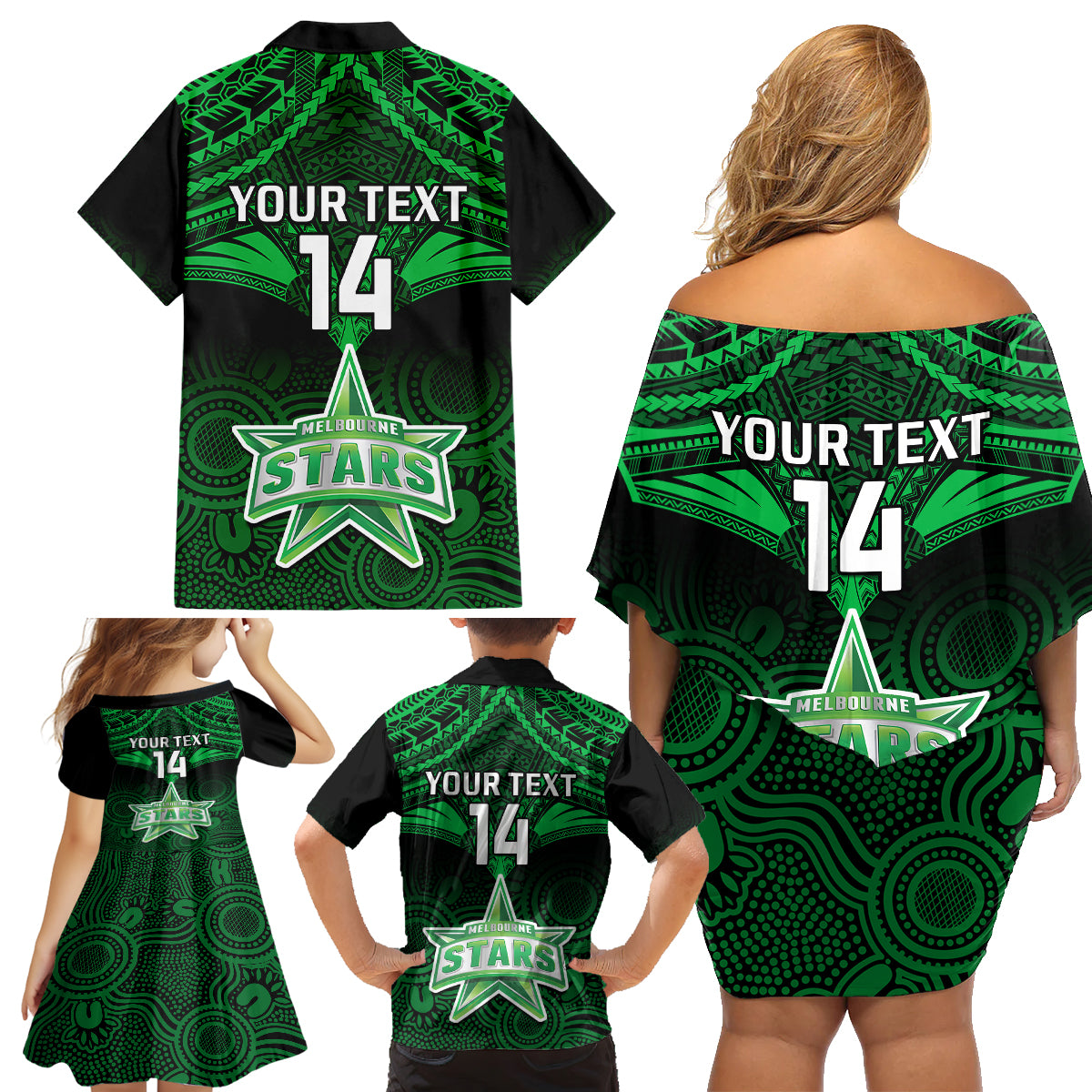 Custom Melbourne Stars Cricket Family Matching Off Shoulder Short Dress and Hawaiian Shirt 2023 Unique Indigenous Art Mix Polynesian Pattern LT14