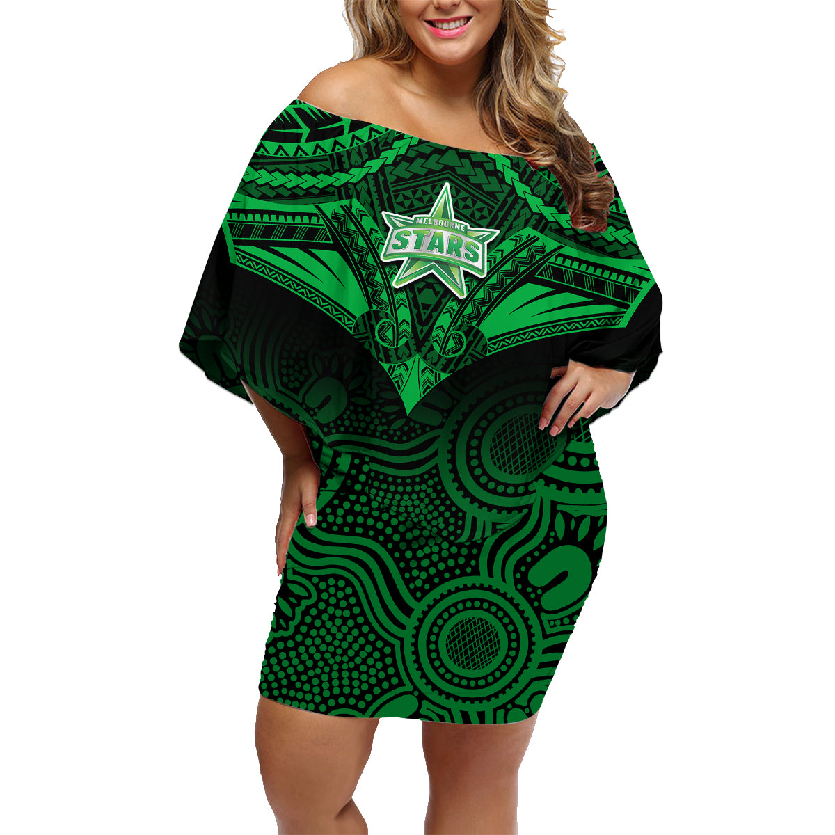 Custom Melbourne Stars Cricket Family Matching Off Shoulder Short Dress and Hawaiian Shirt 2023 Unique Indigenous Art Mix Polynesian Pattern LT14