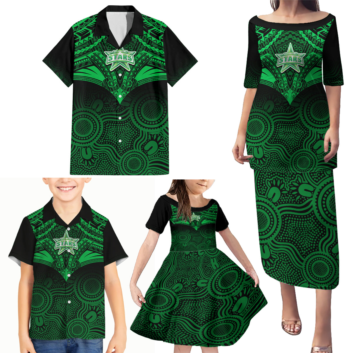 custom-melbourne-stars-cricket-family-matching-puletasi-dress-and-hawaiian-shirt-2023-unique-indigenous-art-mix-polynesian-pattern