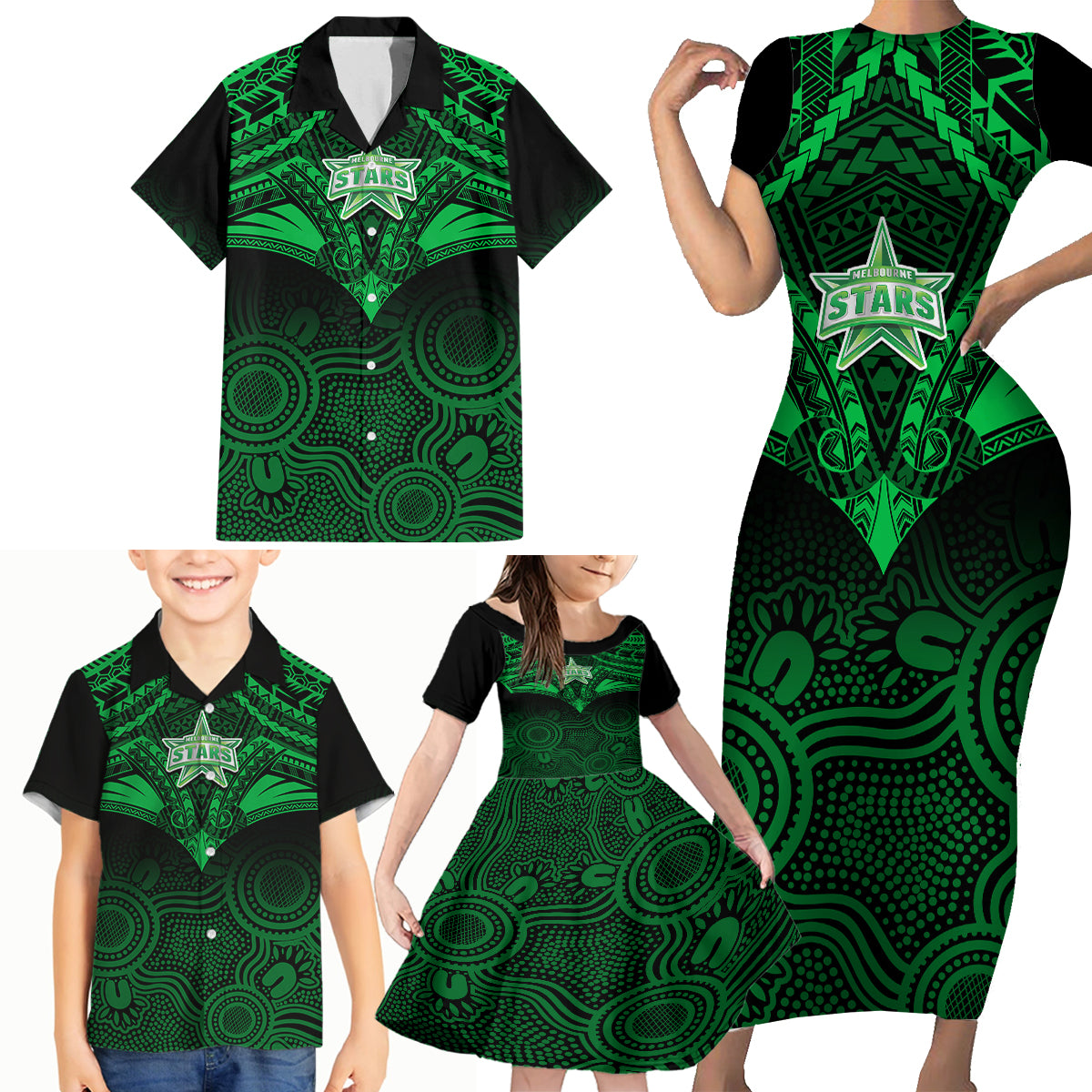 custom-melbourne-stars-cricket-family-matching-short-sleeve-bodycon-dress-and-hawaiian-shirt-2023-unique-indigenous-art-mix-polynesian-pattern