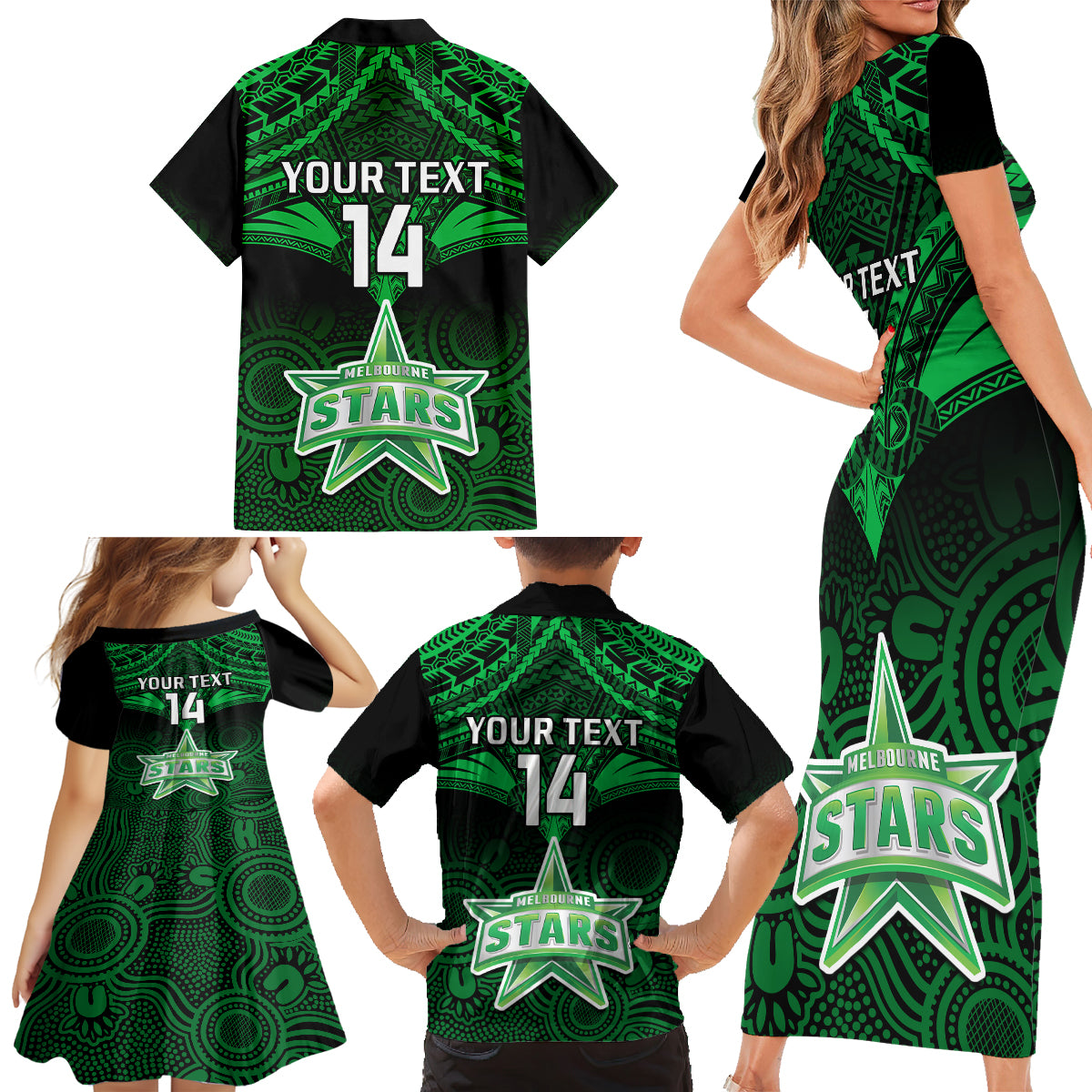 custom-melbourne-stars-cricket-family-matching-short-sleeve-bodycon-dress-and-hawaiian-shirt-2023-unique-indigenous-art-mix-polynesian-pattern