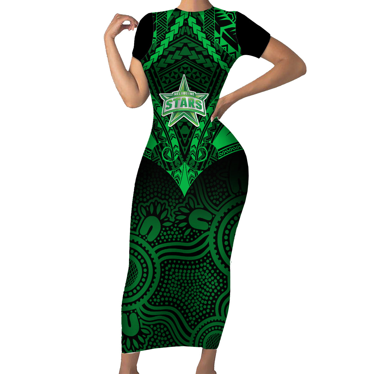 custom-melbourne-stars-cricket-family-matching-short-sleeve-bodycon-dress-and-hawaiian-shirt-2023-unique-indigenous-art-mix-polynesian-pattern