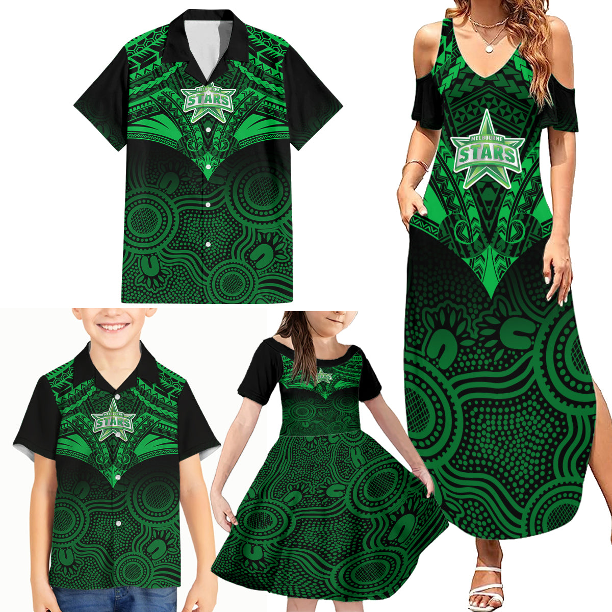 custom-melbourne-stars-cricket-family-matching-summer-maxi-dress-and-hawaiian-shirt-2023-unique-indigenous-art-mix-polynesian-pattern