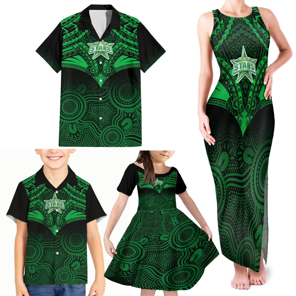 custom-melbourne-stars-cricket-family-matching-tank-maxi-dress-and-hawaiian-shirt-2023-unique-indigenous-art-mix-polynesian-pattern