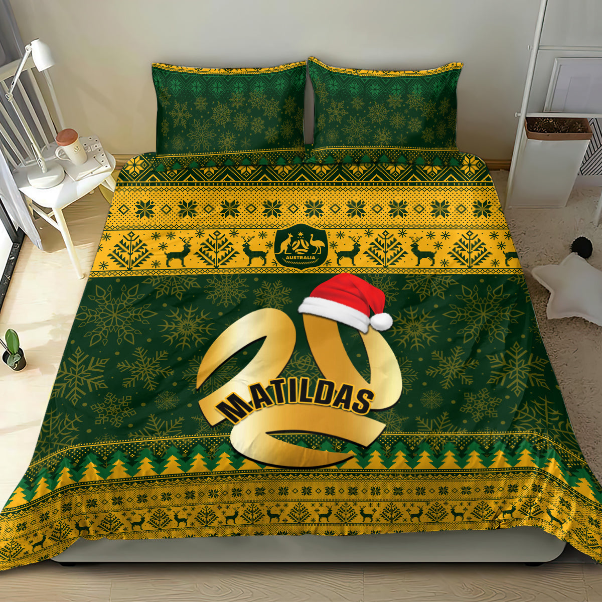 Australia Matildas Christmas Bedding Set Merry Xmas 2023 National Color - Vibe Hoodie Shop