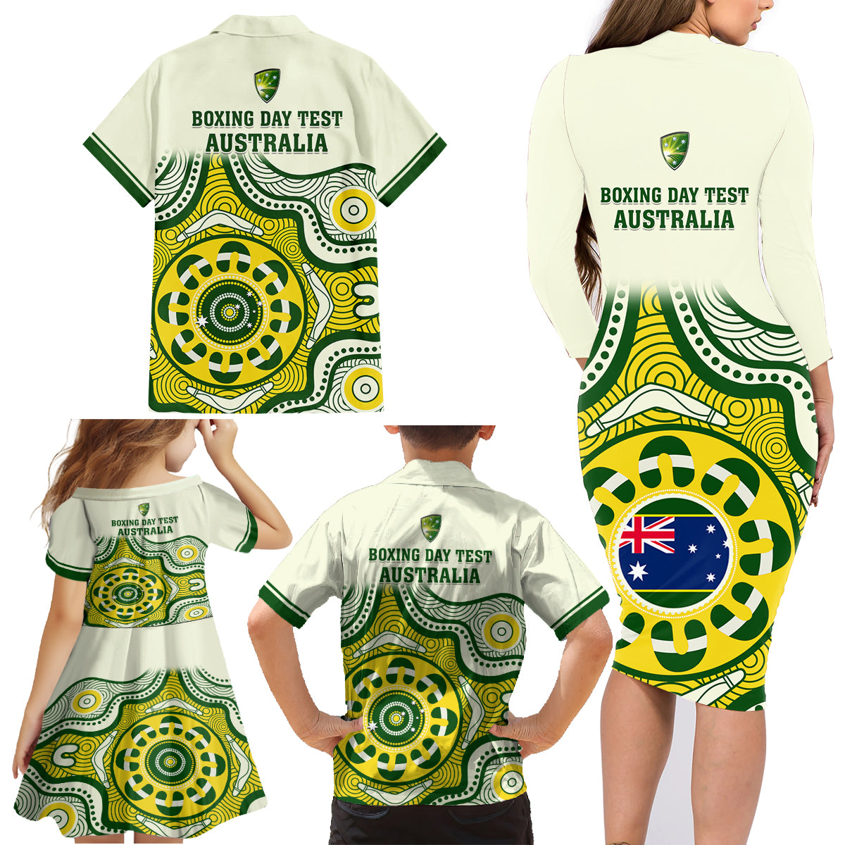 australia-cricket-family-matching-long-sleeve-bodycon-dress-and-hawaiian-shirt-boxing-day-2023-test-indigenous-art