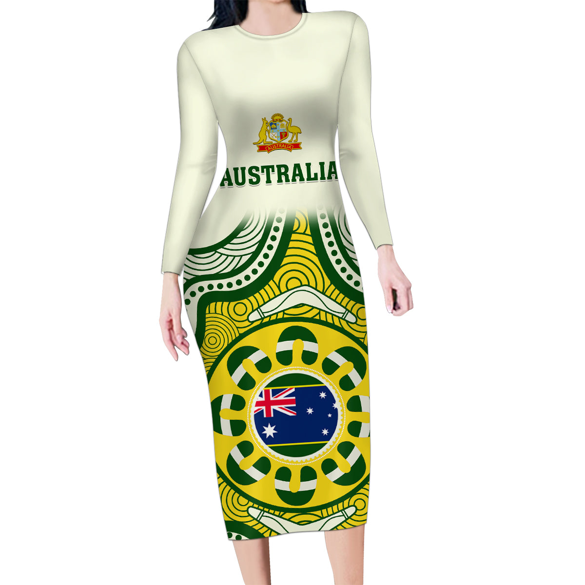 australia-cricket-family-matching-long-sleeve-bodycon-dress-and-hawaiian-shirt-boxing-day-2023-test-indigenous-art