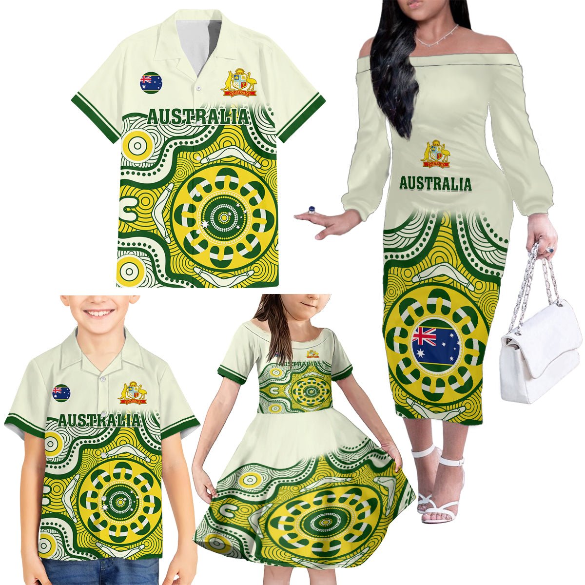 australia-cricket-family-matching-off-shoulder-long-sleeve-dress-and-hawaiian-shirt-boxing-day-2023-test-indigenous-art