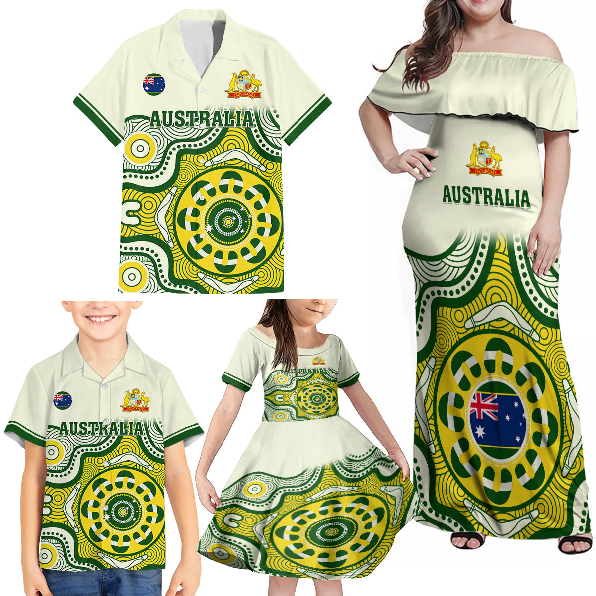 australia-cricket-family-matching-off-shoulder-maxi-dress-and-hawaiian-shirt-boxing-day-2023-test-indigenous-art