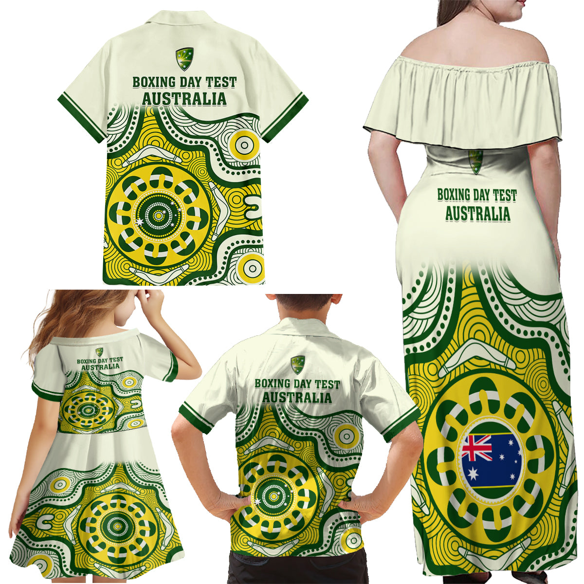 australia-cricket-family-matching-off-shoulder-maxi-dress-and-hawaiian-shirt-boxing-day-2023-test-indigenous-art