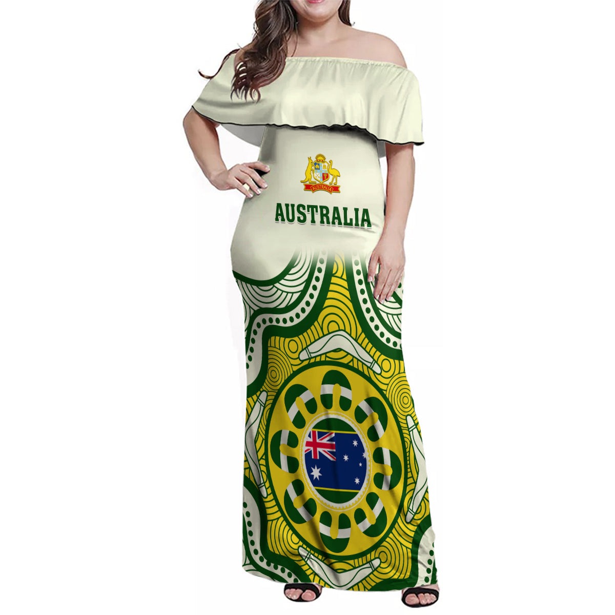 australia-cricket-family-matching-off-shoulder-maxi-dress-and-hawaiian-shirt-boxing-day-2023-test-indigenous-art