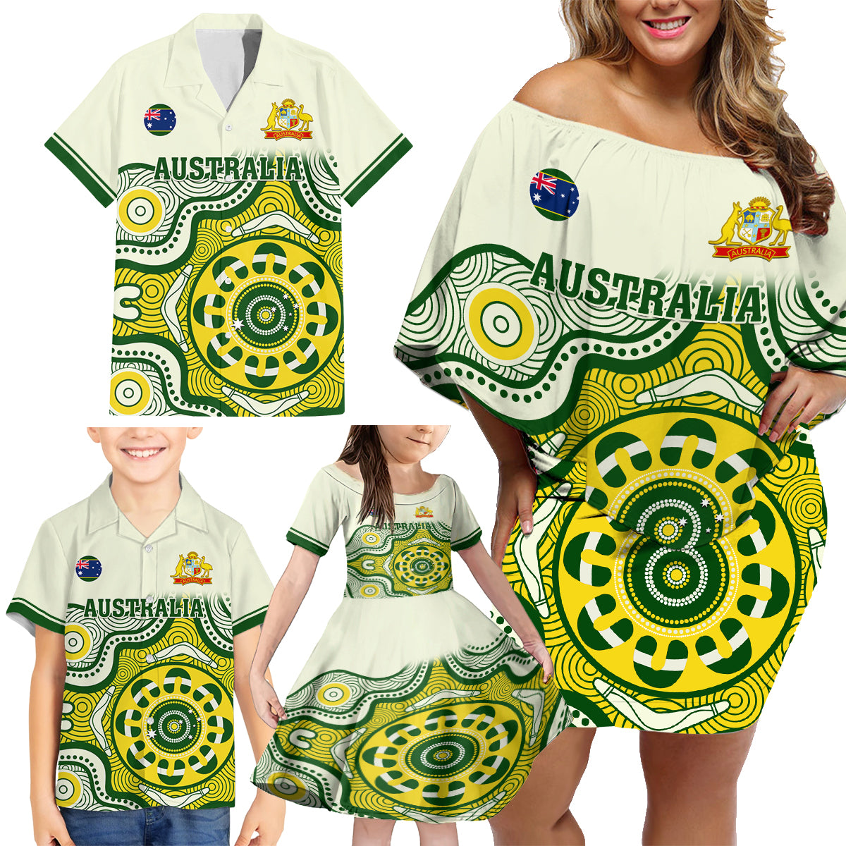 australia-cricket-family-matching-off-shoulder-short-dress-and-hawaiian-shirt-boxing-day-2023-test-indigenous-art