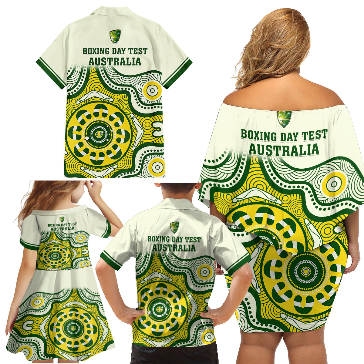 australia-cricket-family-matching-off-shoulder-short-dress-and-hawaiian-shirt-boxing-day-2023-test-indigenous-art