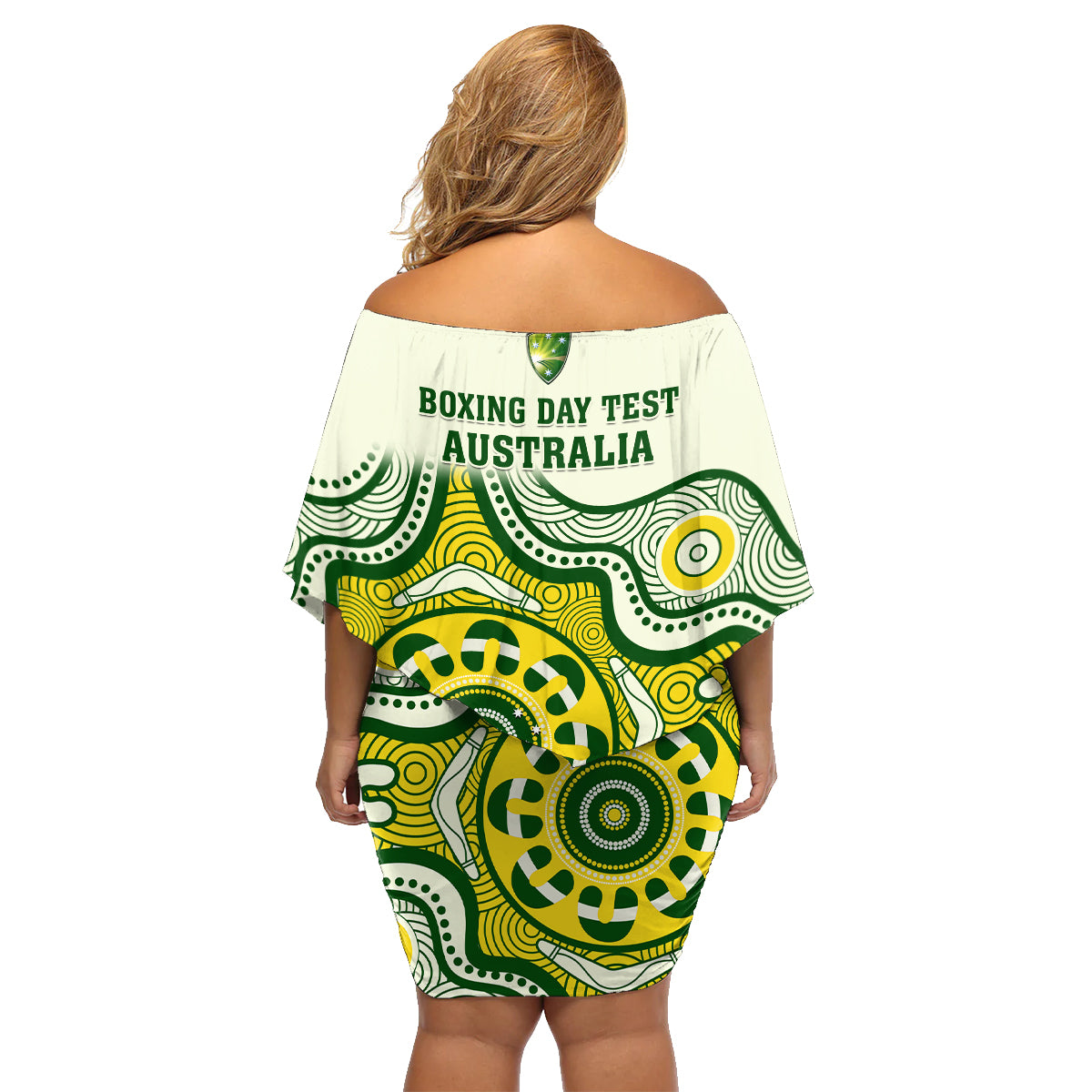 australia-cricket-family-matching-off-shoulder-short-dress-and-hawaiian-shirt-boxing-day-2023-test-indigenous-art