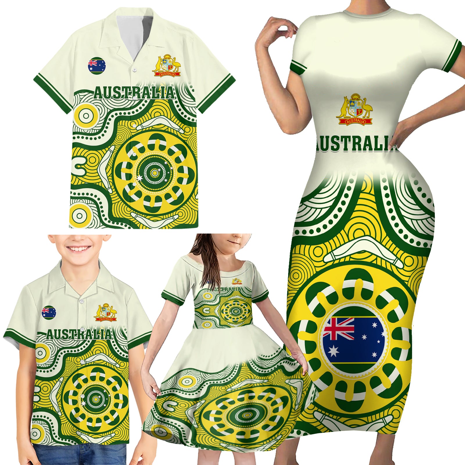 australia-cricket-family-matching-short-sleeve-bodycon-dress-and-hawaiian-shirt-boxing-day-2023-test-indigenous-art