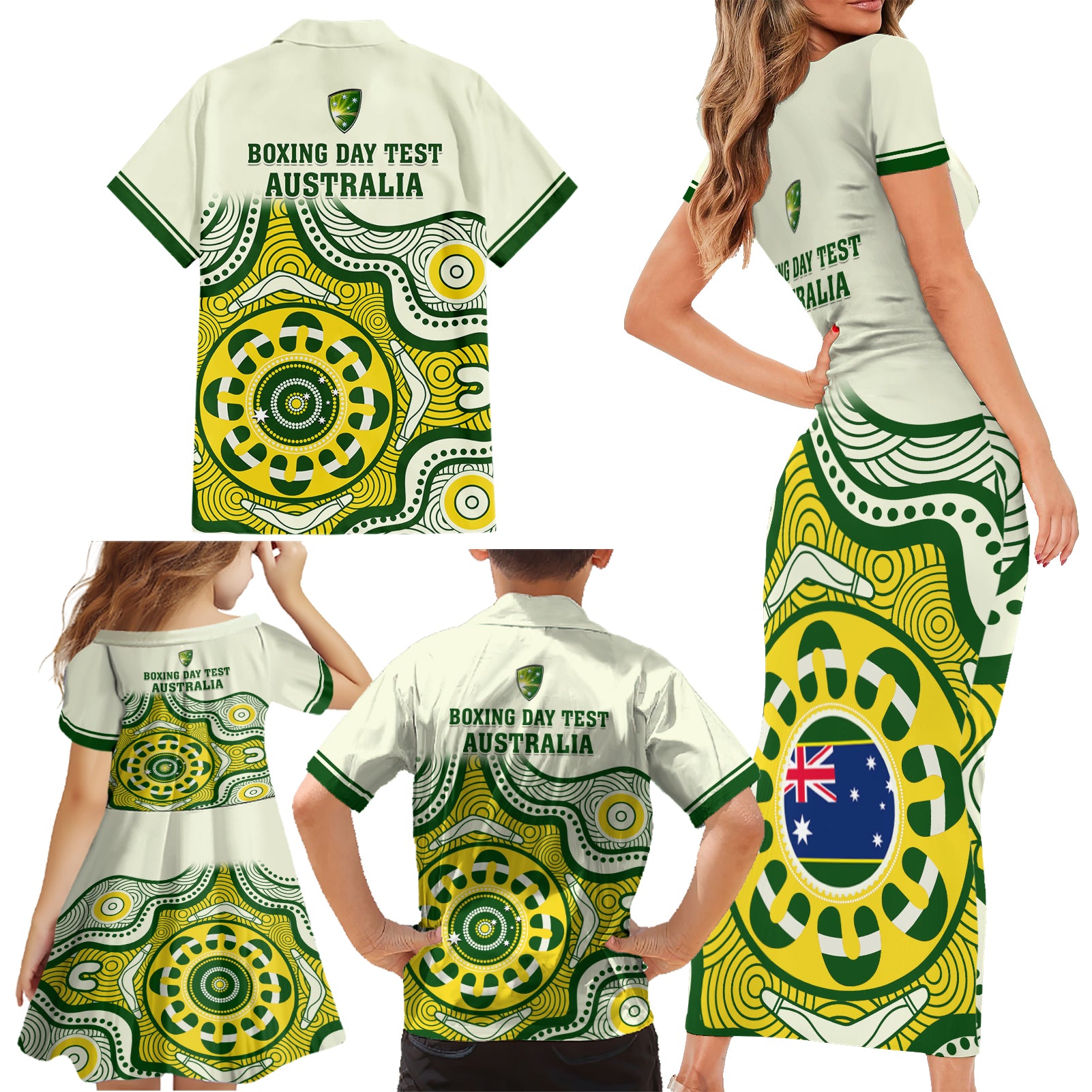 australia-cricket-family-matching-short-sleeve-bodycon-dress-and-hawaiian-shirt-boxing-day-2023-test-indigenous-art