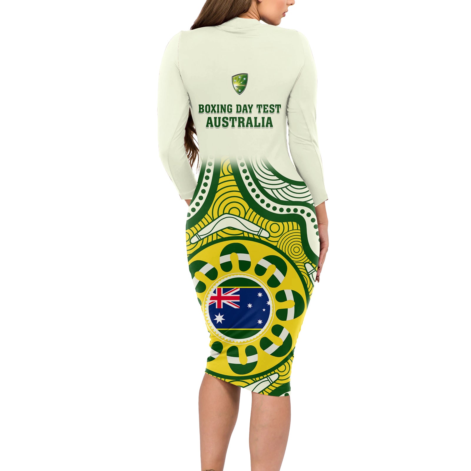 australia-cricket-long-sleeve-bodycon-dress-boxing-day-2023-test-indigenous-art