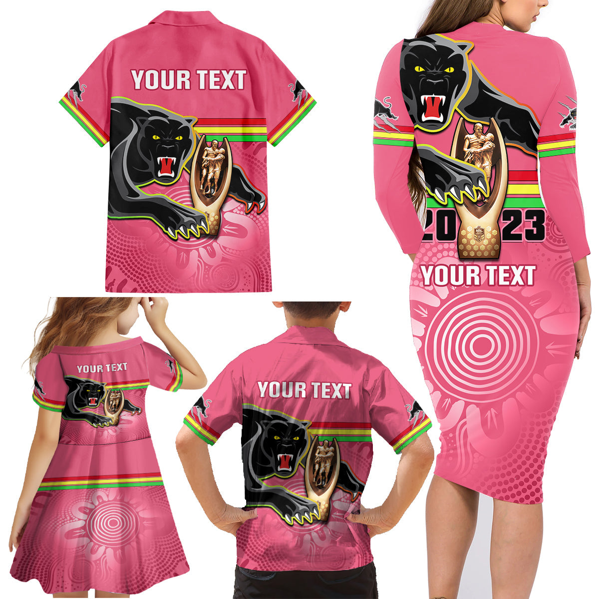personalised-panthers-family-matching-long-sleeve-bodycon-dress-and-hawaiian-shirt-premiers-back-to-back-2023-pink-version