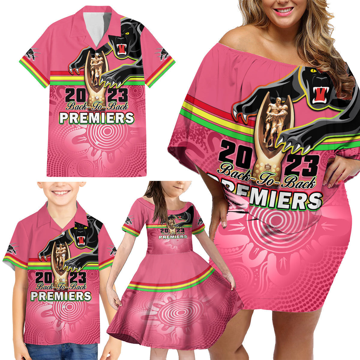 personalised-panthers-family-matching-off-shoulder-short-dress-and-hawaiian-shirt-premiers-back-to-back-2023-pink-version