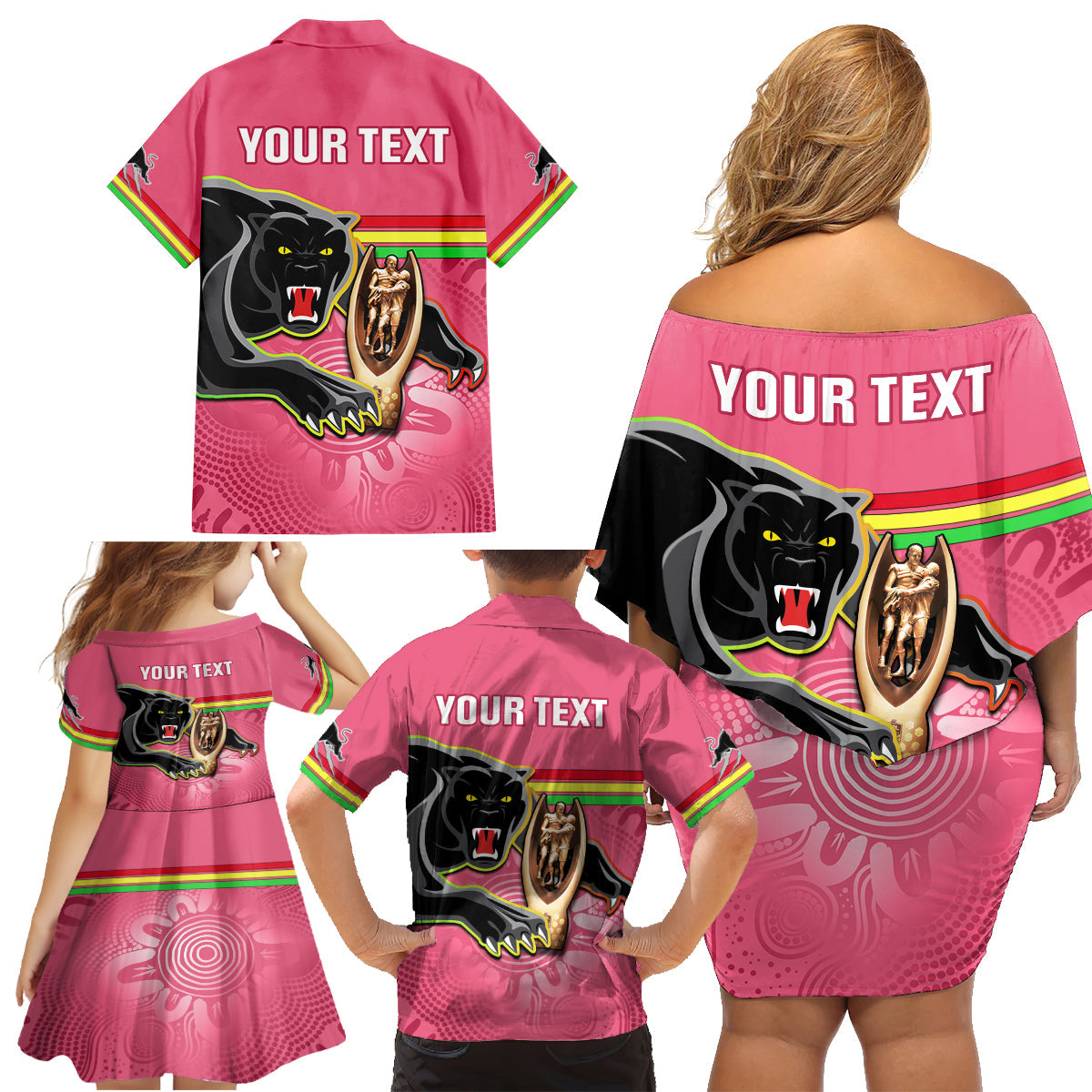 personalised-panthers-family-matching-off-shoulder-short-dress-and-hawaiian-shirt-premiers-back-to-back-2023-pink-version