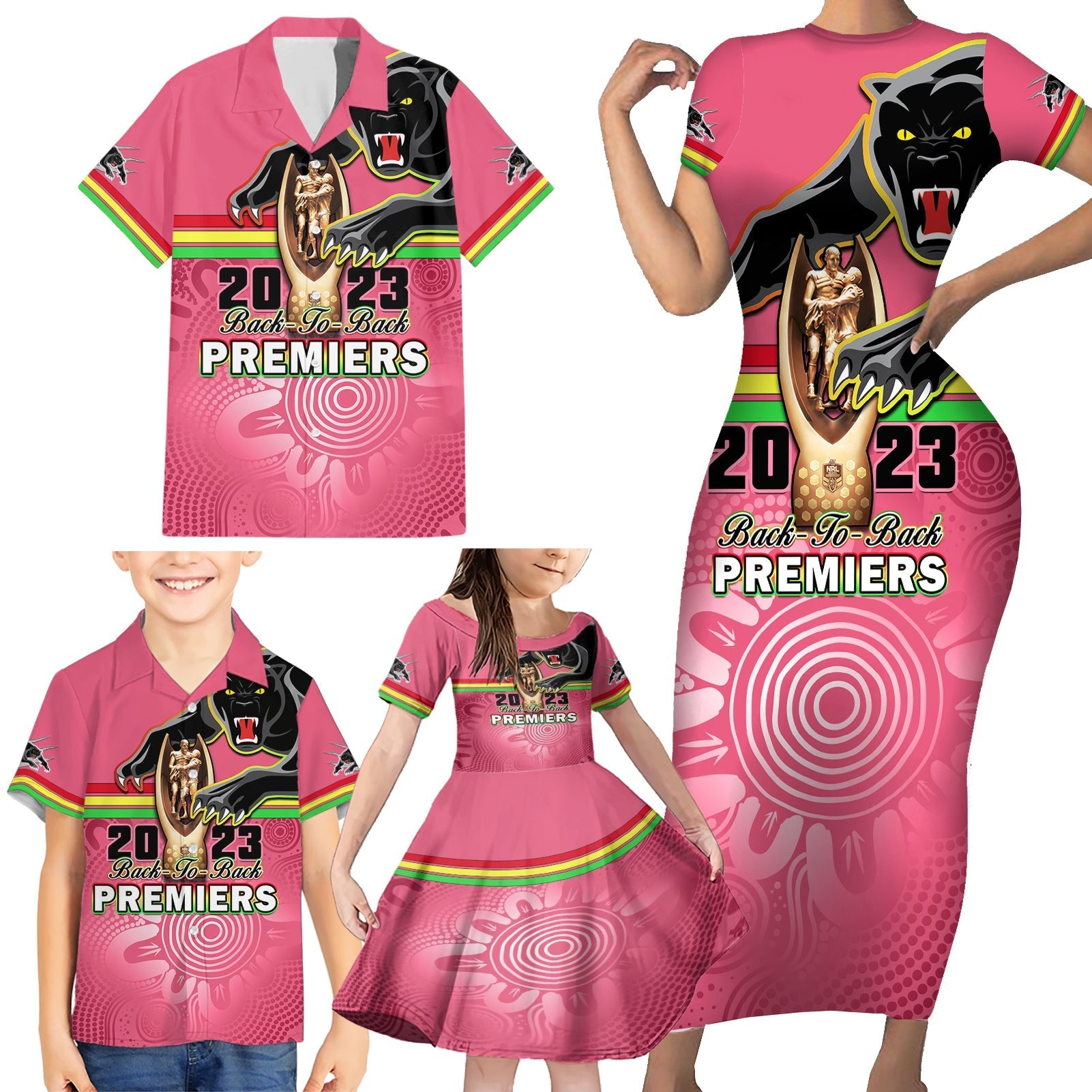 personalised-panthers-family-matching-short-sleeve-bodycon-dress-and-hawaiian-shirt-premiers-back-to-back-2023-pink-version