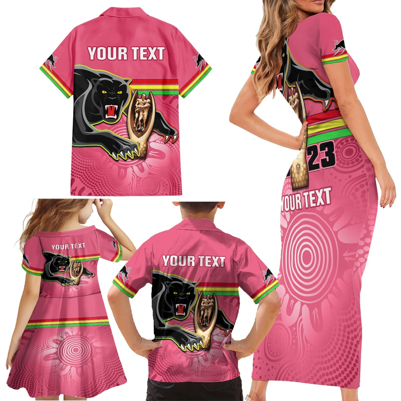 personalised-panthers-family-matching-short-sleeve-bodycon-dress-and-hawaiian-shirt-premiers-back-to-back-2023-pink-version