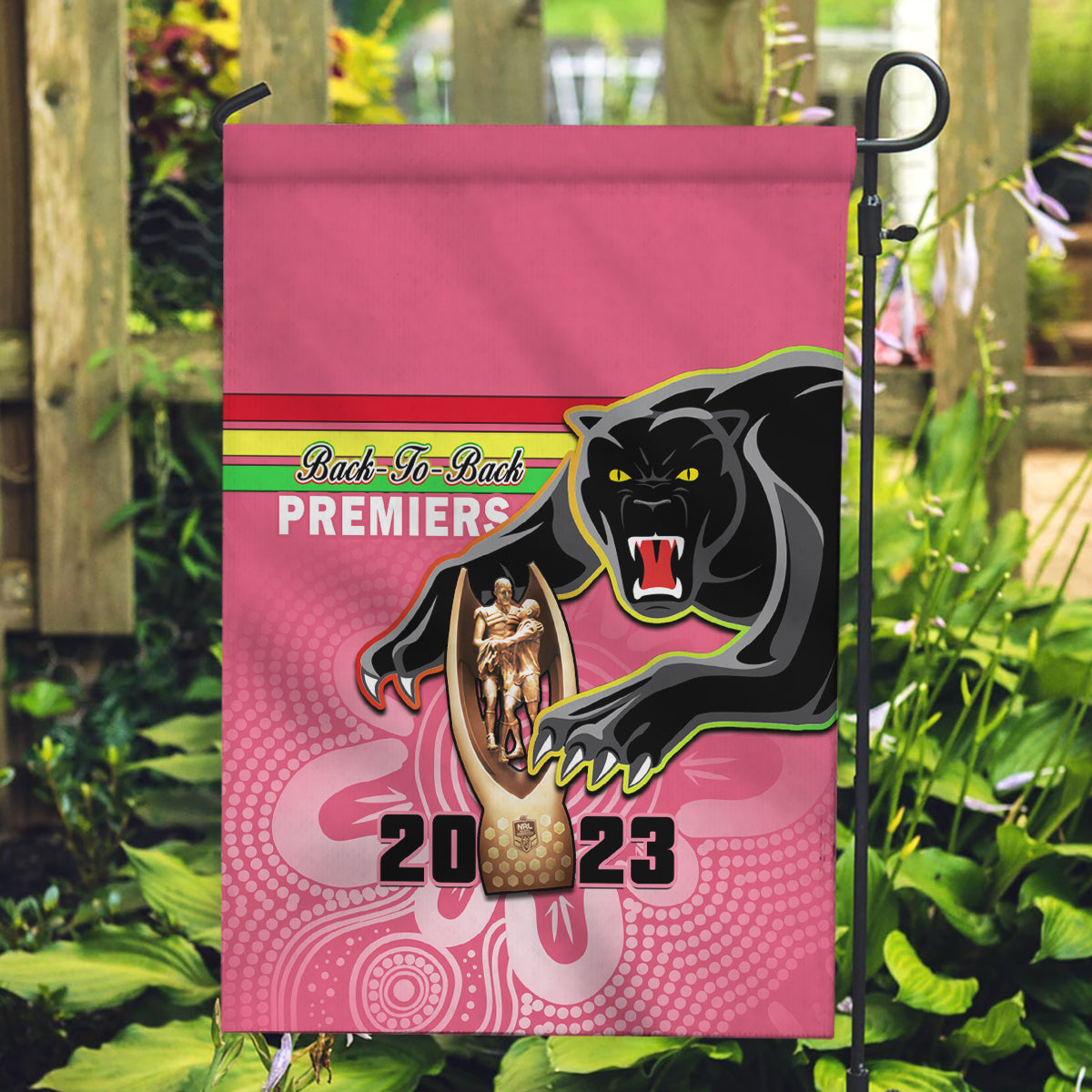 Panthers Garden Flag Premiers Back To Back 2023 Pink Version - Vibe Hoodie Shop