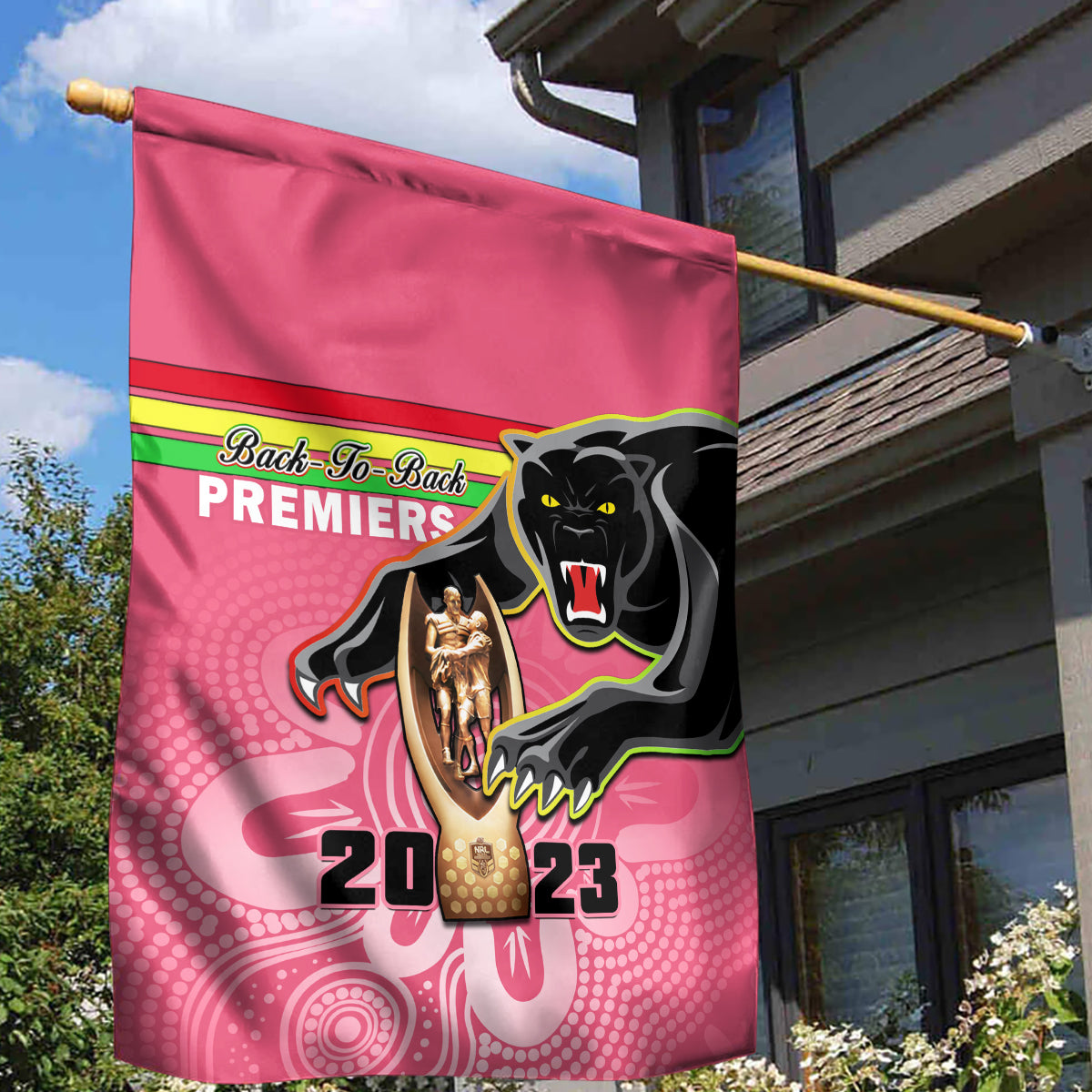 Panthers Garden Flag Premiers Back To Back 2023 Pink Version - Vibe Hoodie Shop