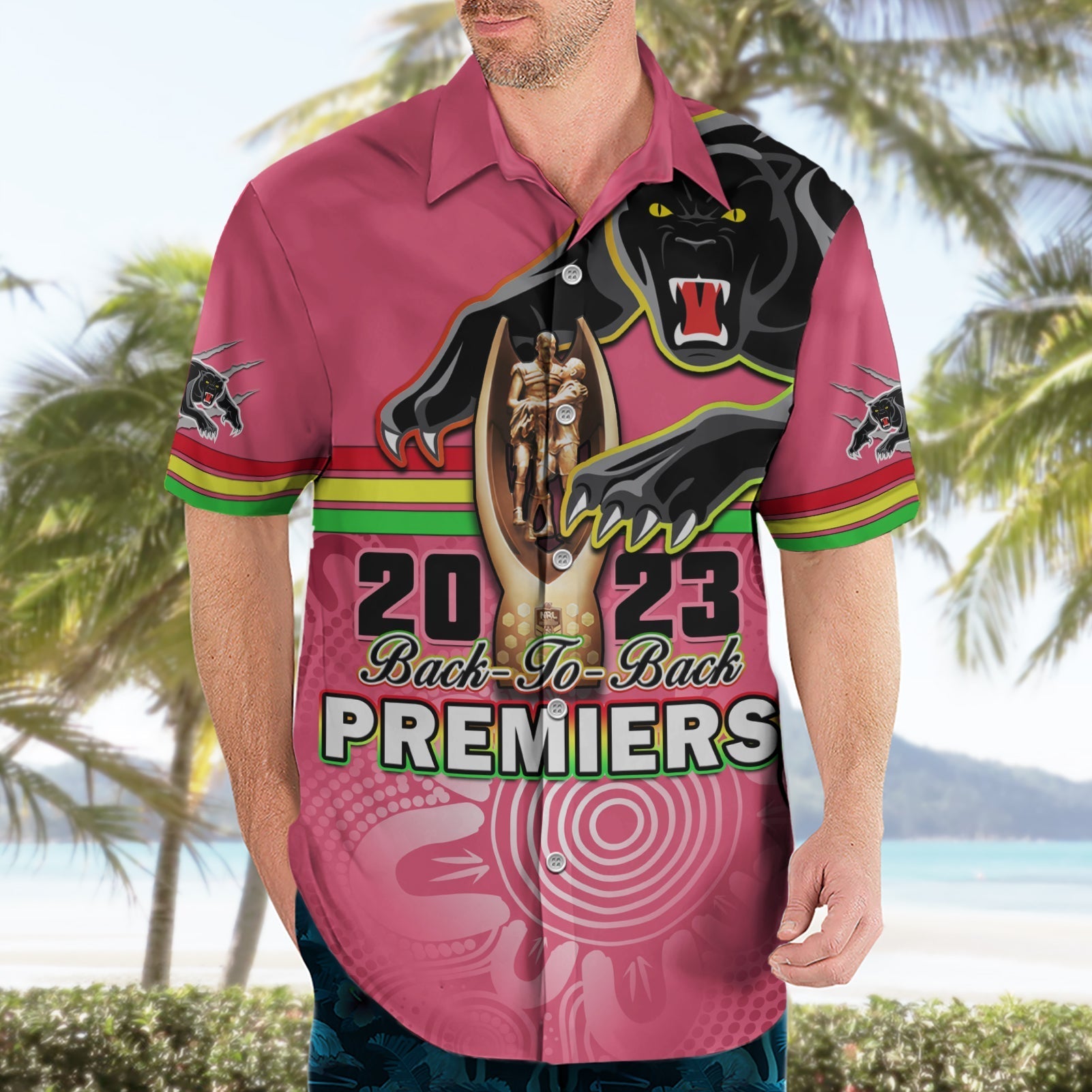 Personalised Panthers Hawaiian Shirt Premiers Back To Back 2023 Pink Version - Vibe Hoodie Shop