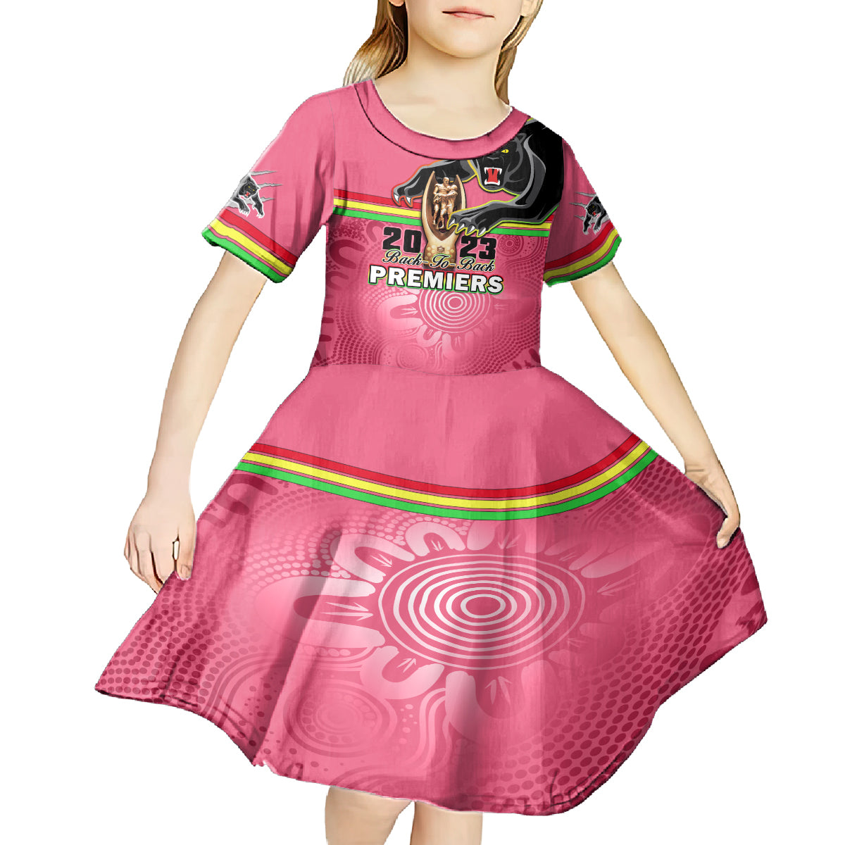 Personalised Panthers Kid Short Sleeve Dress Premiers Back To Back 2023 Pink Version - Vibe Hoodie Shop