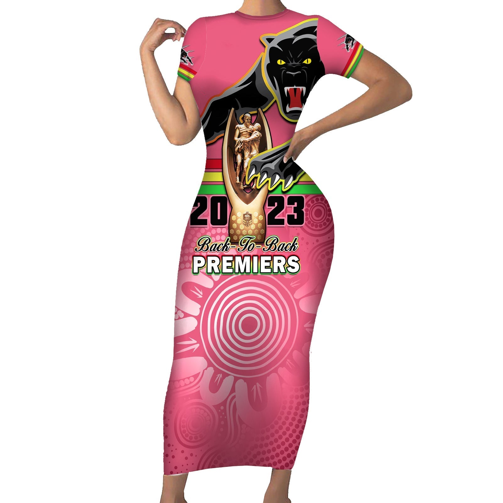 personalised-panthers-short-sleeve-bodycon-dress-premiers-back-to-back-2023-pink-version