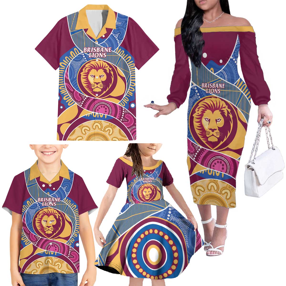 Brisbane Lions Football Custom Family Matching Off The Shoulder Long Sleeve Dress and Hawaiian Shirt Premiers Proud Aboriginal Art - Vibe Hoodie